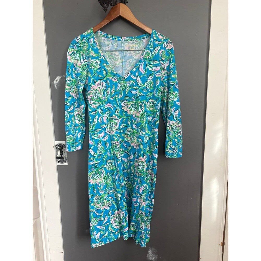 Lilly Pulitzer size small S tessa Blue Green Floral V-Neck Knee-Length Dress